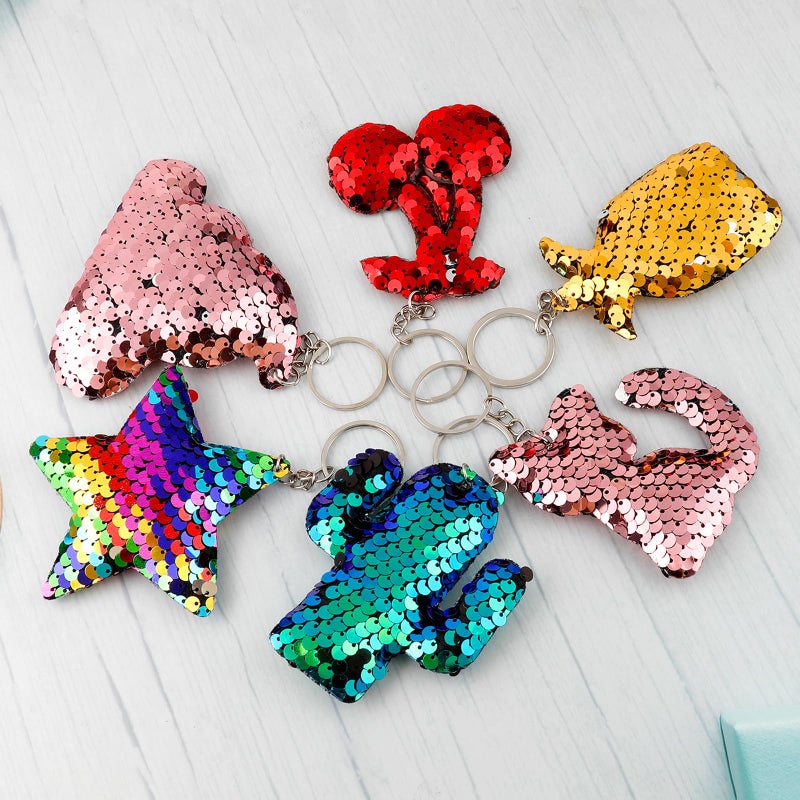 Outee Sequin Keychain 15 Pcs Flip Sequin Keychain for Mermaid Tail Clover Cat Animals Shape Christmas Gift Party Favors for Kids Adults Party Favors Gift Back to School Gifts 15 Different Designs - Image 4